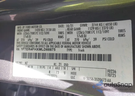 2021 Ford Ranger Lariat from USA, damaged, VIN 1FTER4FHXMLD88875